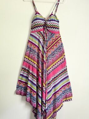 Boho Geometric Handkerchief Hem Maxi Dress | Pink Chevron Festival Chic, Small